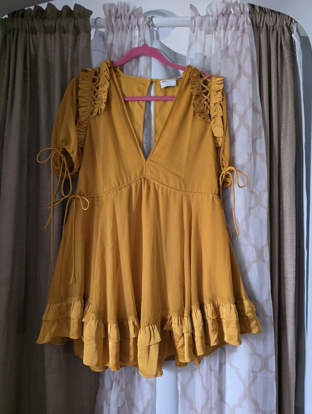 ASOS design Size 4 Mustard Yellow V Neck Satin Ruffles Lattice Detail Mini Dress